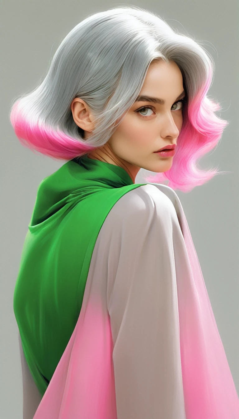 a profile view of a woman pointing finger, silver hair with pink dip-dye, green dress