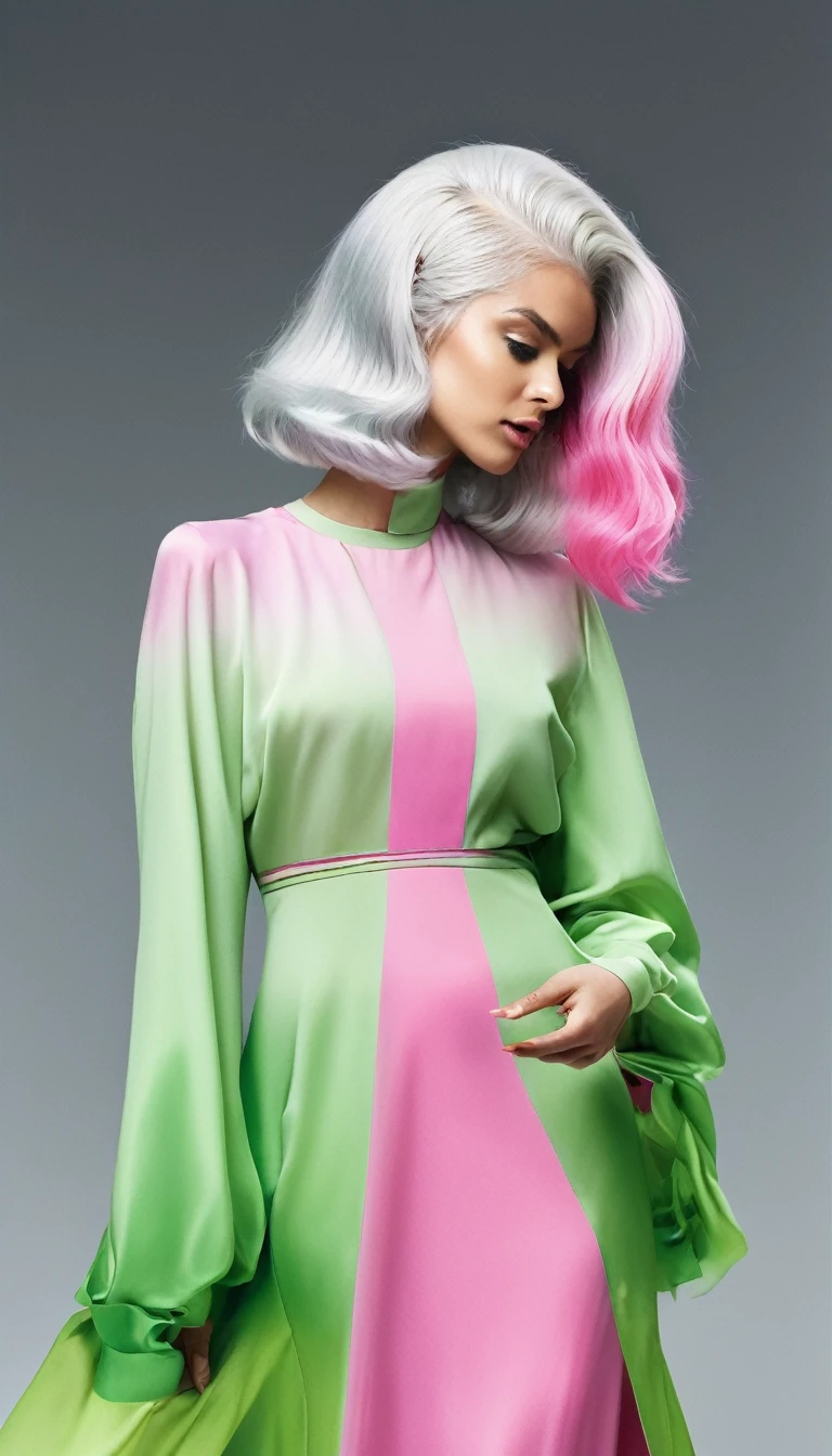 a profile view of a woman pointing finger, silver hair with pink dip-dye, green dress