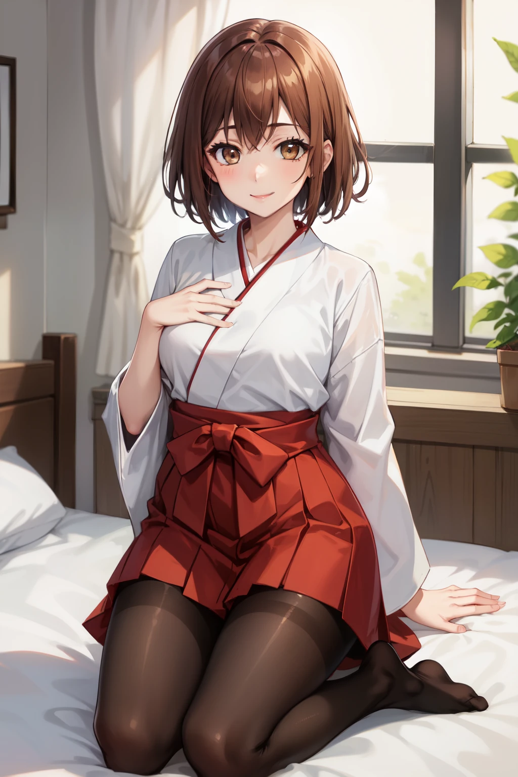 Highest quality, (masterpiece:1.2), Very detailed, 
One girl, alone,
View your viewers, smile, Medium chest, 
Brown eyes, Brown Hair, short hair, Graduation Hakama、pantyhose、Bedroom、Kneeling