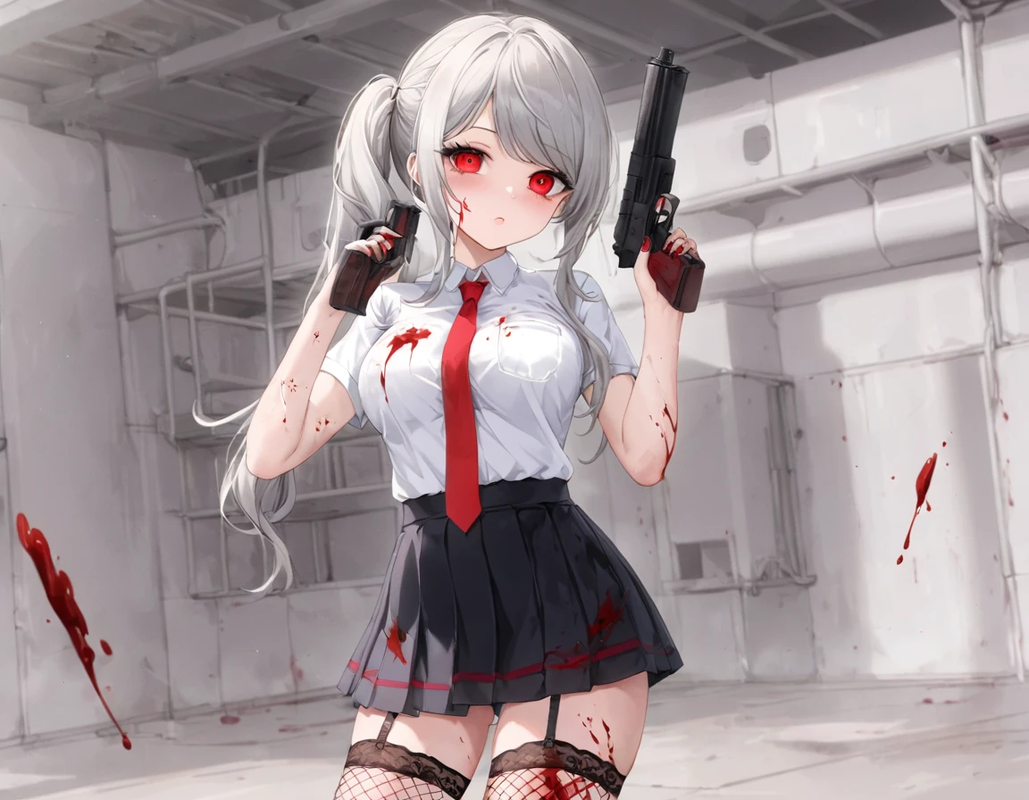 A large amount of fresh red blood、Girl fires a gun、A girl covered in blood. She holds up her skirt with both hands.、Showing off cute white underwear.、Black garter belt、Black rough fishnet stockings、Plain white shirt with a red tie、Standing posture、Abandoned Factory