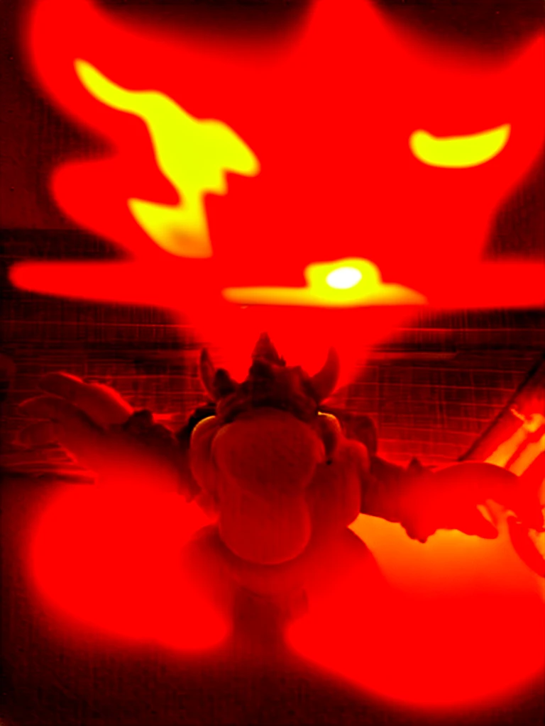 there is a toy of a yellow and black animal with a light on, bowser nintendo, fire breathing. bowser, bowser, captured with sony a3 camera, taken with sony alpha 9, taken with sony a7r camera, very very low quality picture, lit from behind, video game dunkey, bust shot, chuck e. cheese head
