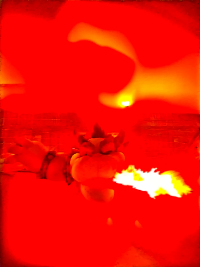 there is a toy of a yellow and black animal with a light on, bowser nintendo, fire breathing. bowser, bowser, captured with sony a3 camera, taken with sony alpha 9, taken with sony a7r camera, very very low quality picture, lit from behind, video game dunkey, bust shot, chuck e. cheese head