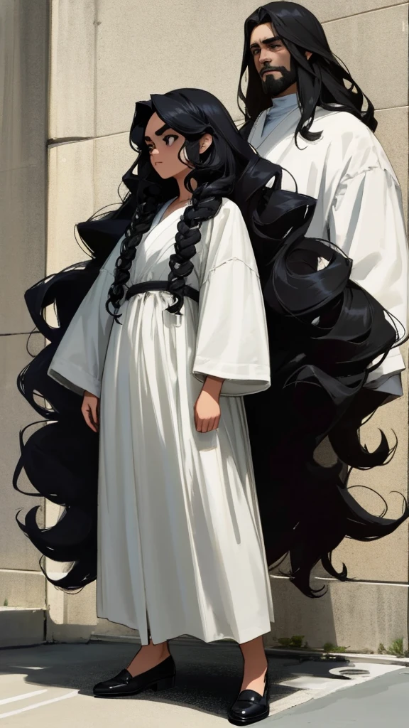 
In the image, a 24-year-old woman with a full-body, ultra-realistic 8K portrait is walking down the street. She has a small face with small, intense black eyes, thick eyebrows, a small and thin mouth, and slightly bronzed skin. Her long, heavy, and curly black hair cascades down. Standing at 1.57m tall, she has a beautiful and intimidating presence. In the background, Jesus is depicted watching over her, protecting her from surrounding demons.


