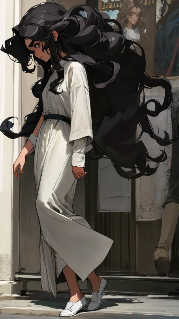 
In the image, a 24-year-old woman with a full-body, ultra-realistic 8K portrait is walking down the street. She has a small face with small, intense black eyes, thick eyebrows, a small and thin mouth, and slightly bronzed skin. Her long, heavy, and curly black hair cascades down. Standing at 1.57m tall, she has a beautiful and intimidating presence. In the background, Jesus is depicted watching over her, protecting her from surrounding demons.

