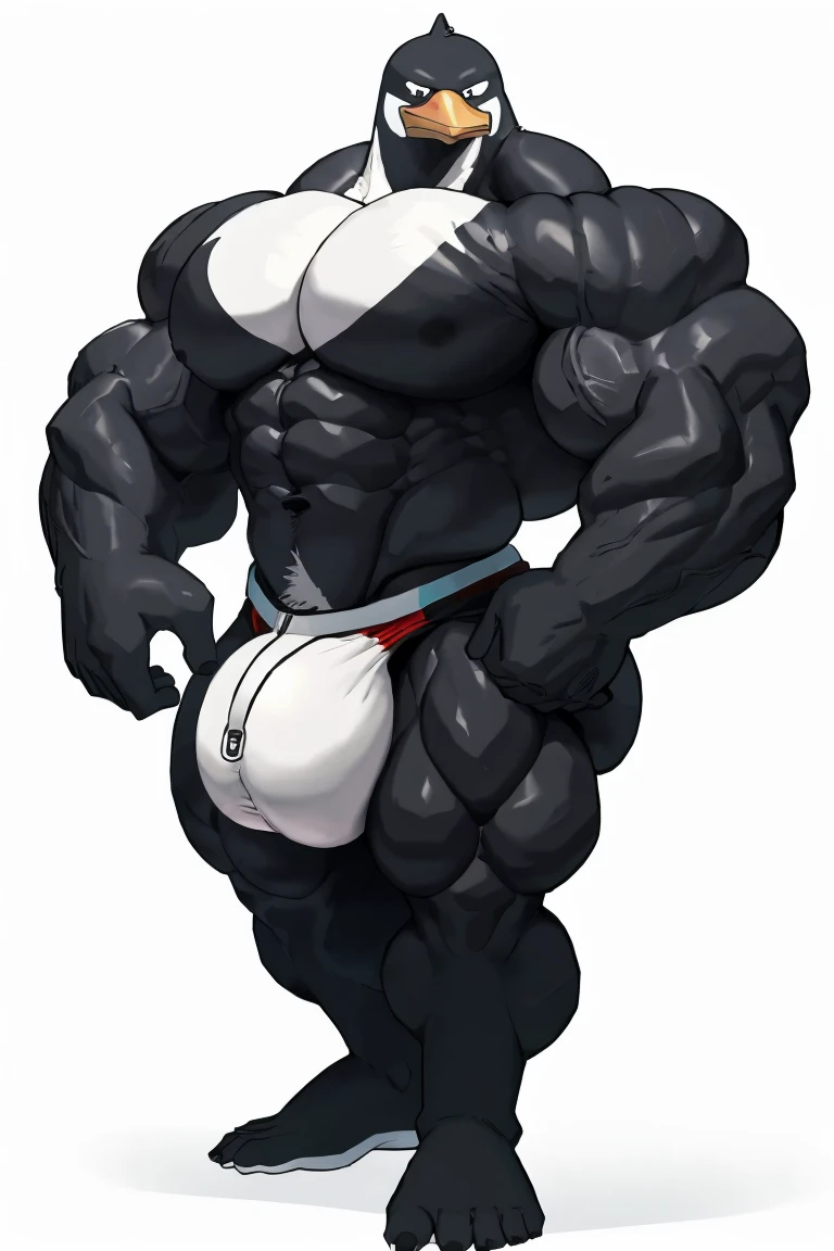 excessively muscular penguin, masculine face, perverted expression, prominent veins, huge ass, huge chest (huge: 2.5), muscular thighs, thin waist, full body, bare back, naked (private part exposed), nicebulge, bodybuilder, holding his huge penis, hot pose facing the camera, white background.