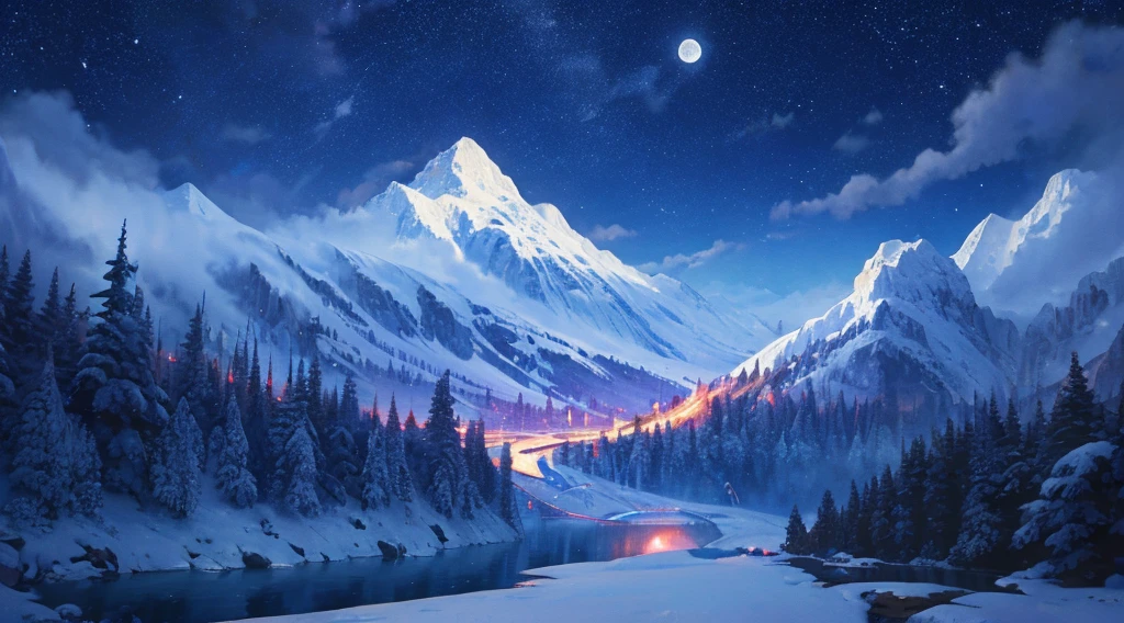 a painting of a mountain scene with a waterfall and a moon, background art, background artwork, amazing wallpaper, 4 k hd illustrative wallpaper, beautiful wallpaper, high quality wallpaper, jen bartel, mobile wallpaper, anime background art, wallpaper mobile, high quality desktop wallpaper, beautiful iphone wallpaper, colorful concept art, vertical wallpaper, calm night. digital illustration, night scenery
