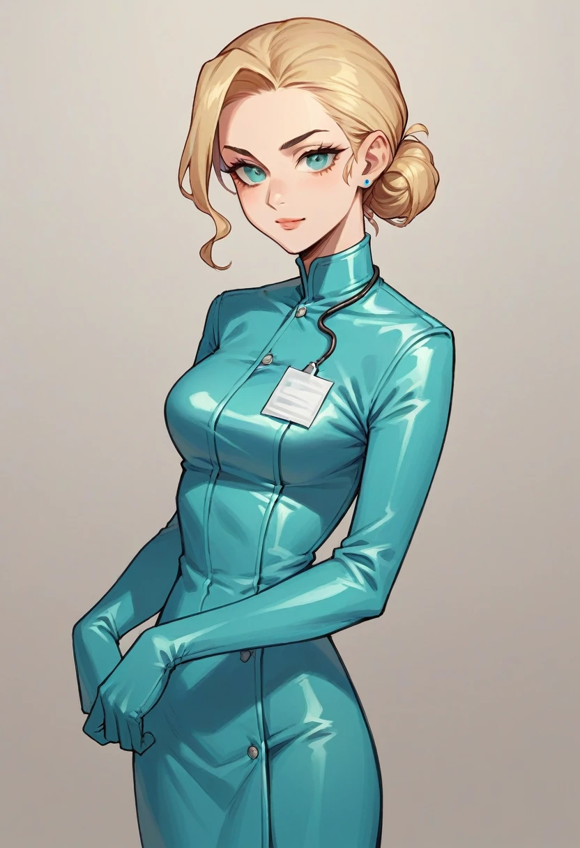 1girl, ((cyan elbow gloves)), ((surgical gloves)), ((latex gloves)), ((long sleeves)) ((blue surgeon outfit)), looking at viewer, ((blue doctor outfit)), standing, solo