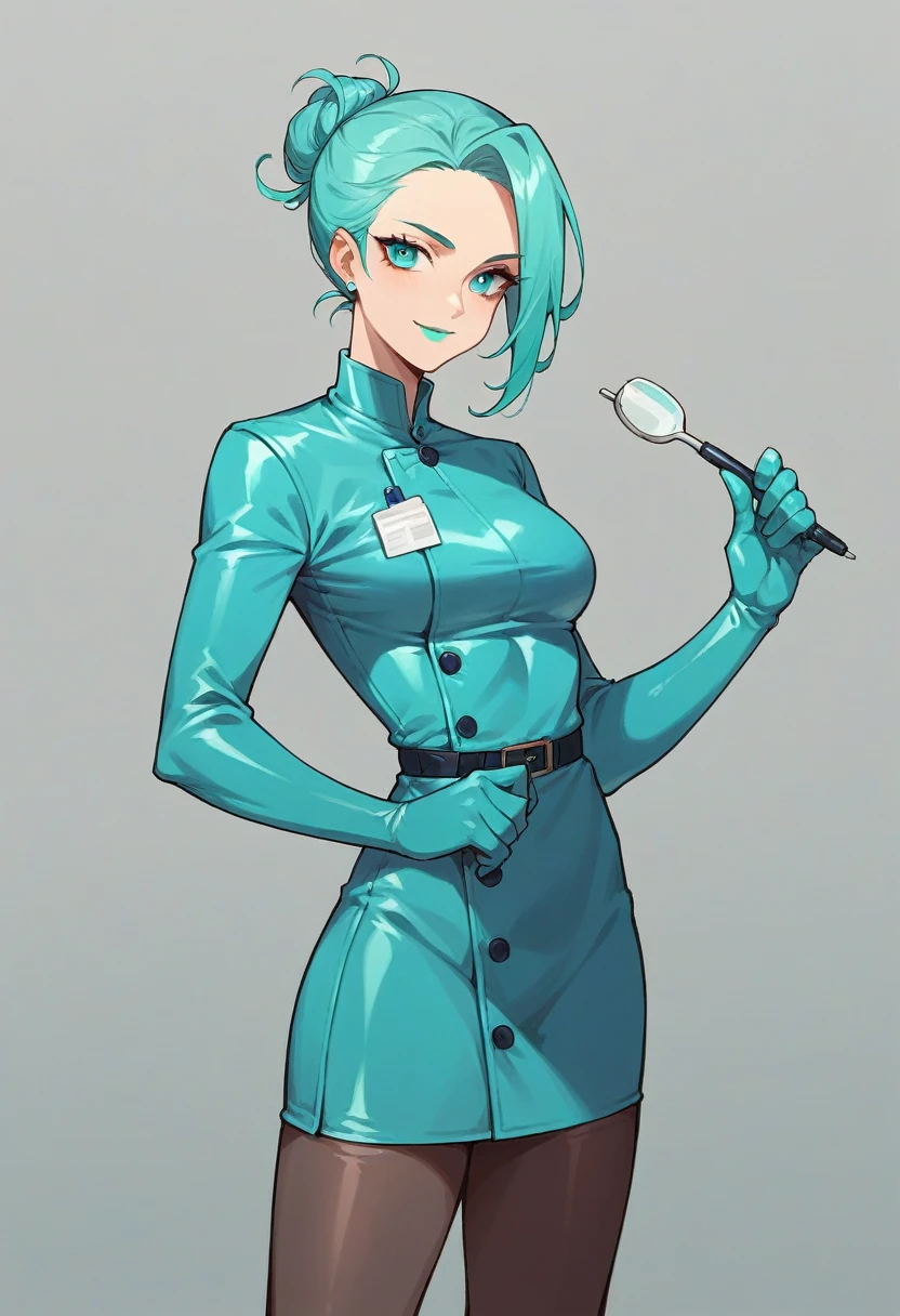 1girl, ((cyan elbow gloves)), ((surgical gloves)), ((latex gloves)), ((long sleeves)) ((blue surgeon outfit)), looking at viewer, ((blue doctor outfit)), standing, solo