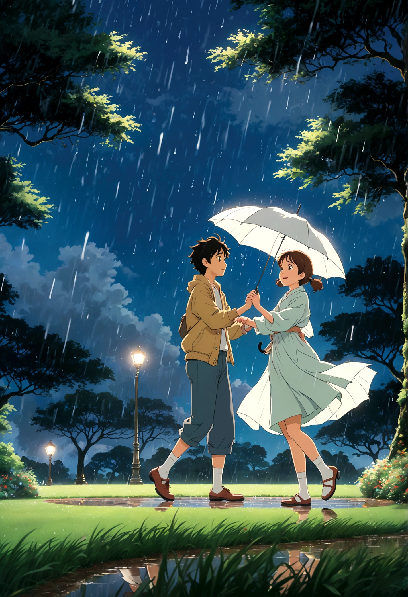 (Ghibli style, Dancing in the Rain), A couple is dancing in the park after rain. They are wearing lightweight dance clothes, surrounded by wet grass and flickering lights. The breeze blows, bringing a hint of coolness. The background is the park after rain, full body, (anime style illustration), panoramic view, award-winning, cinematic still, emotional, vignette, dynamic, vivid, (masterpiece, best quality, Professional, perfect composition, very aesthetic, absurdres, ultra-detailed, intricate details:1.3)