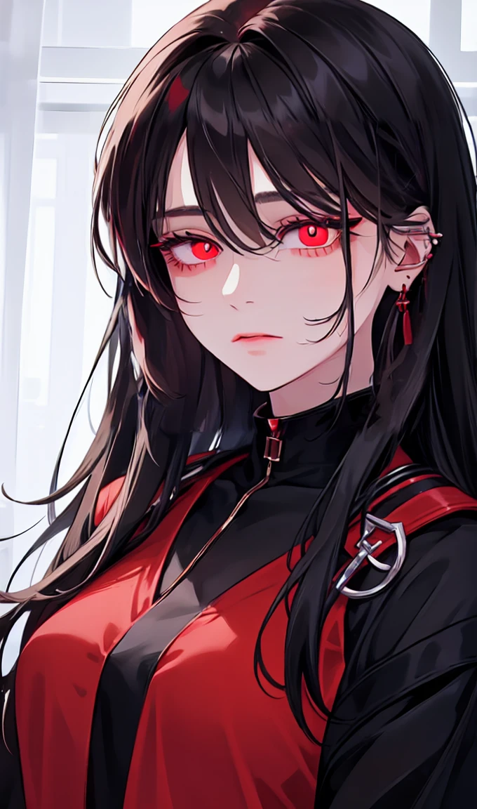 1girl, earrings, solo,lips, female focus, red eyes, looking at viewer, black hair, long hair, closed mouth
