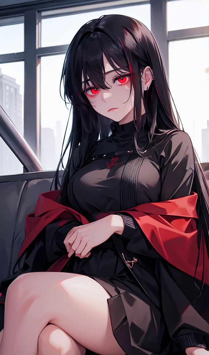 1girl, earrings, solo,lips, female focus, red eyes, looking at viewer, black hair, long hair, closed mouth