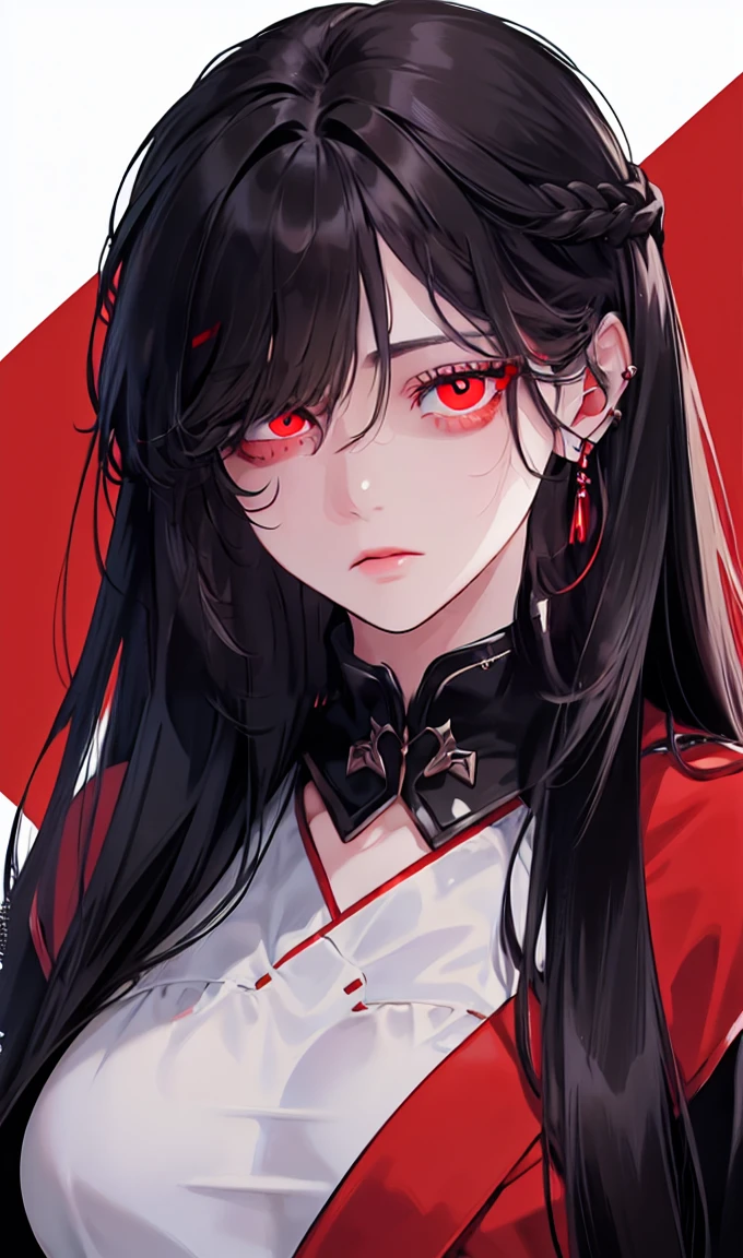 1girl, earrings, solo,lips, female focus, red eyes, looking at viewer, black hair, long hair, closed mouth