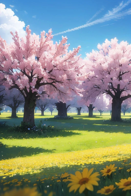 Field of flowers, Focusing on tree trunks, various trees. Animation scene, anime, 3D. Full hd, higth Definition 