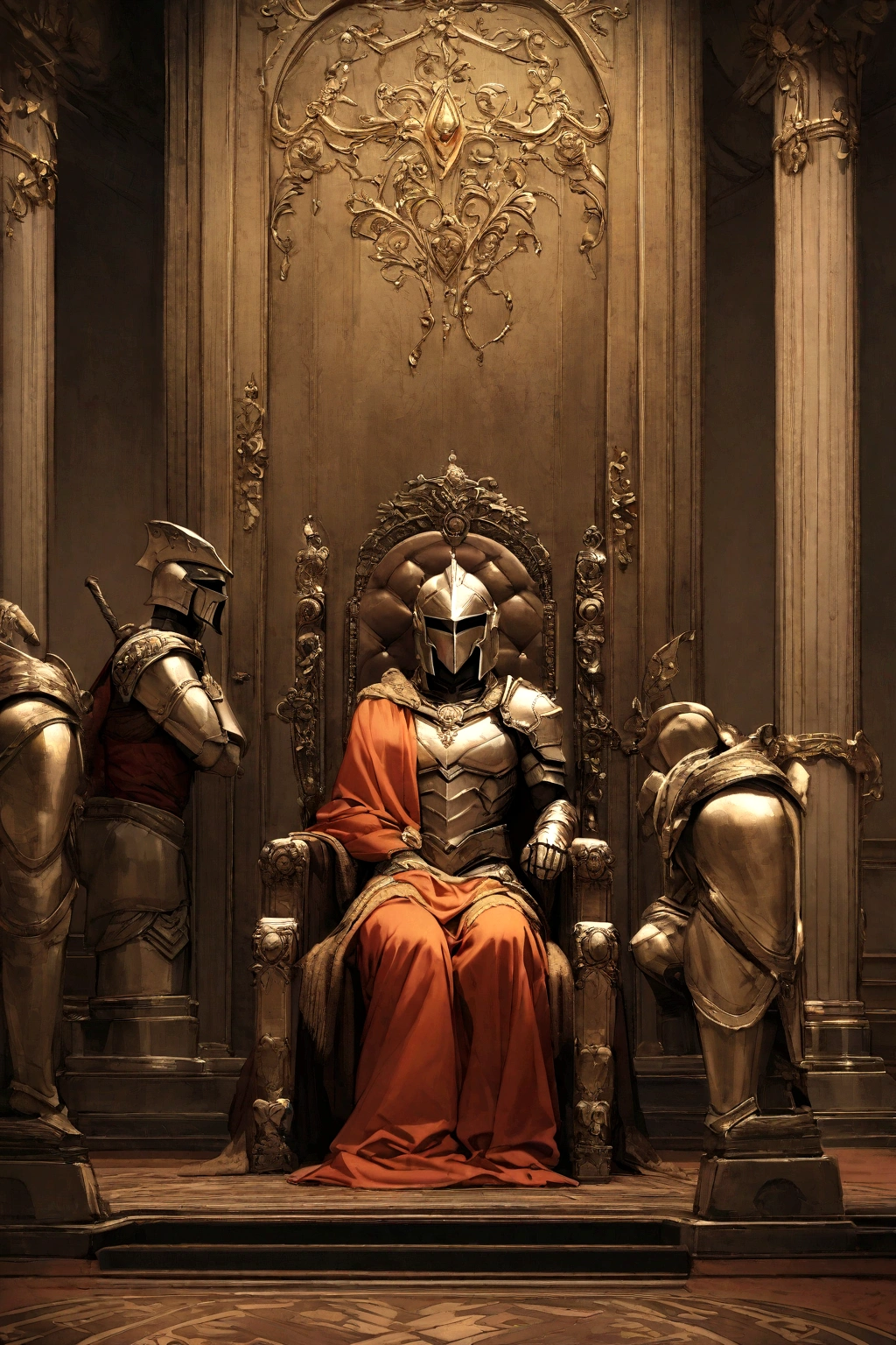 A Spartan without a helmet sitting on a throne and next to him two more Spartans, the room is decorated and ostentatious with antique touches