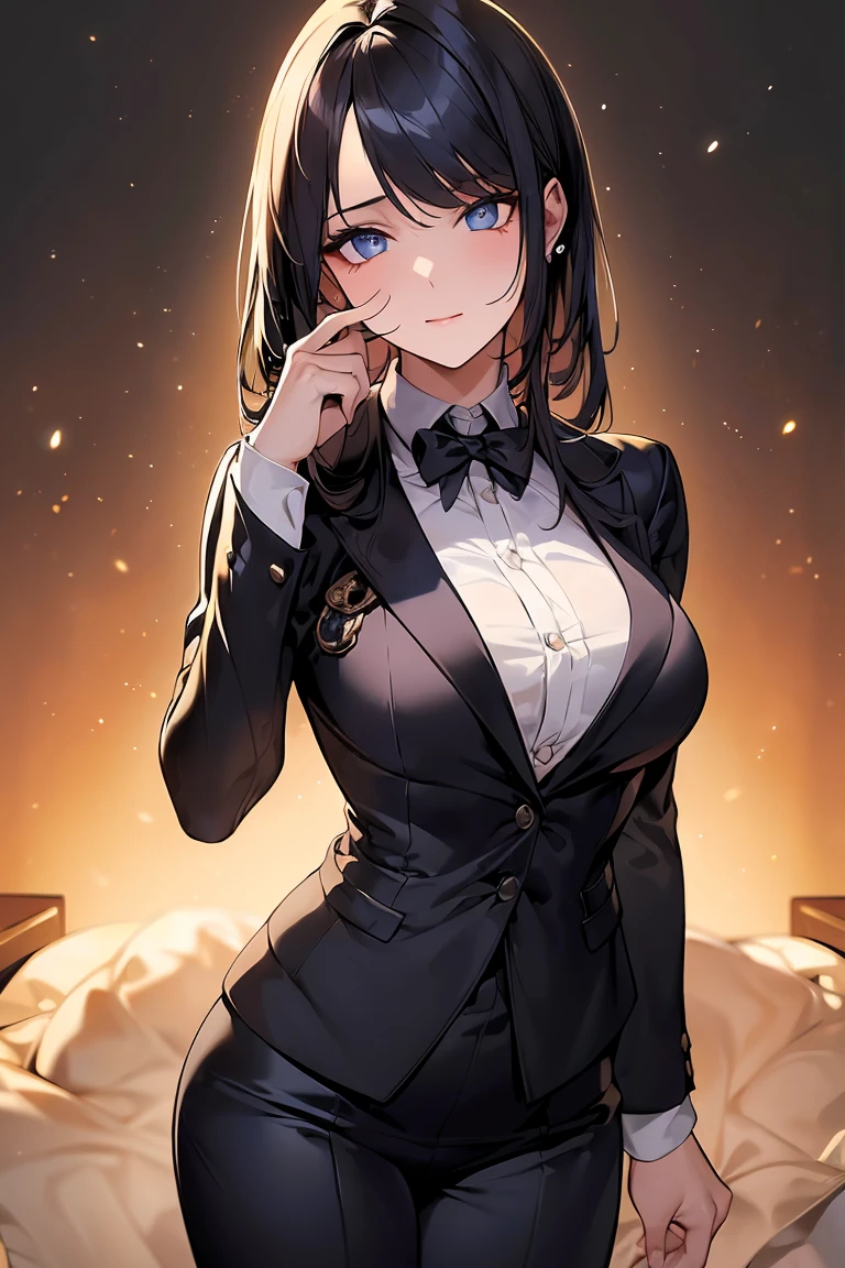 (masterpiece:1.2, Best quality), (exquisite eyes: 1.2), A high resolution, ultra detailed, HDR, masterpiece, very detailed face and eyes, confident expression, young woman, business style, trousers, hair with dark roots transitioning to blue tips, 18 years, Squint, (exquisite eyes and exquisite face:1.3), ( nice and clear background: 1.2), (extremely detailed computer graphics, Super detailed, The best shadows: 1.1), ((depth of field)),