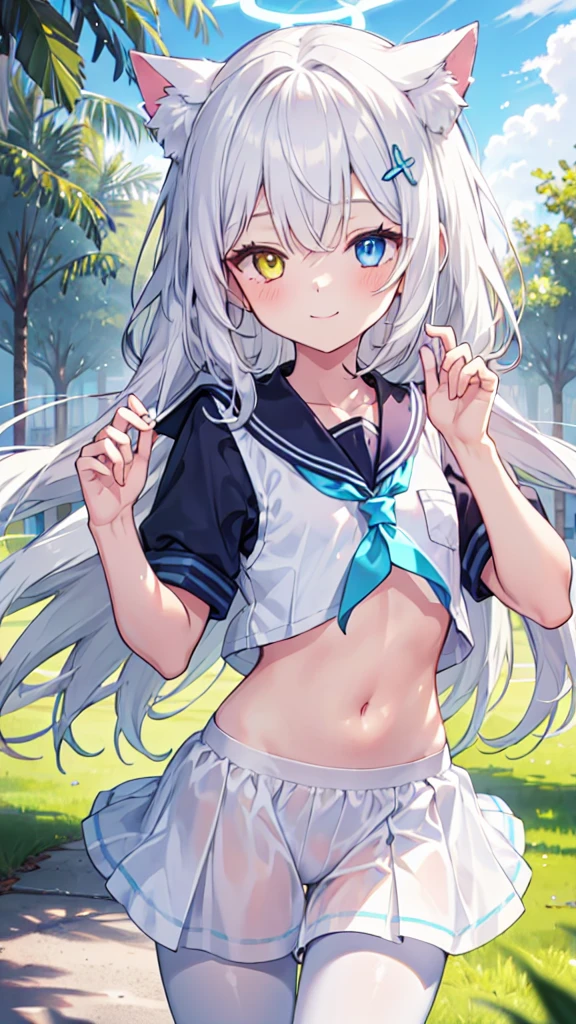 Sailor Suit，Navel，girl，White pantyhose，White hair，Long hair，Cat ear，Heterochromia blue-yellow，Smile，Female face，There are bright spots in the eyes，Female hands，White little hands，Normal fingers，flat chest，in the park，Blue ring halo