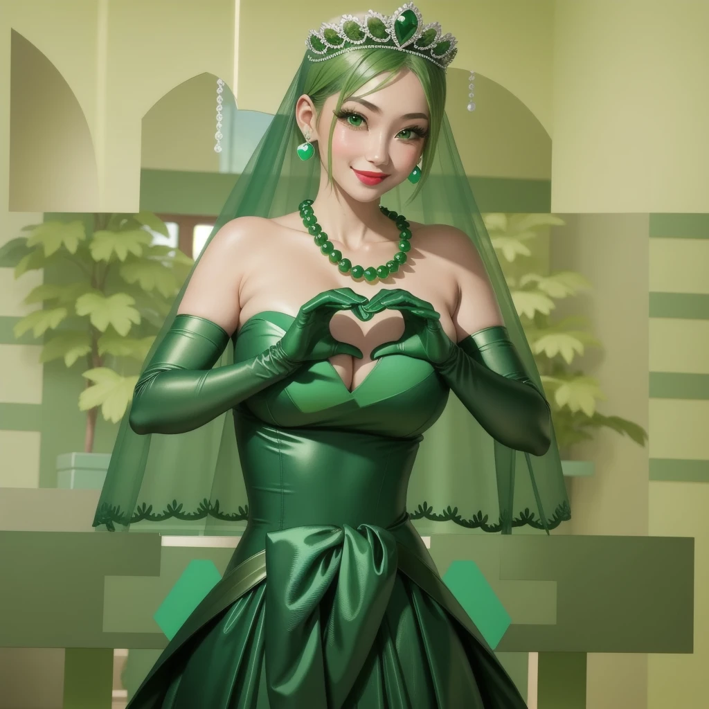 Emerald tiara, Green Pearl Necklace, ボーイッシュな非常に短いGreen Hair, Green Lips, Smiling Japanese woman, Very short hair, Busty beautiful lady, Green Eyes, Green satin long gloves, Green Eyes, Emerald Earrings, Green veil, Heart with both hands, Green Hair, Beautiful Japanese Women, Heart shaped hands:1.3, green lip gloss