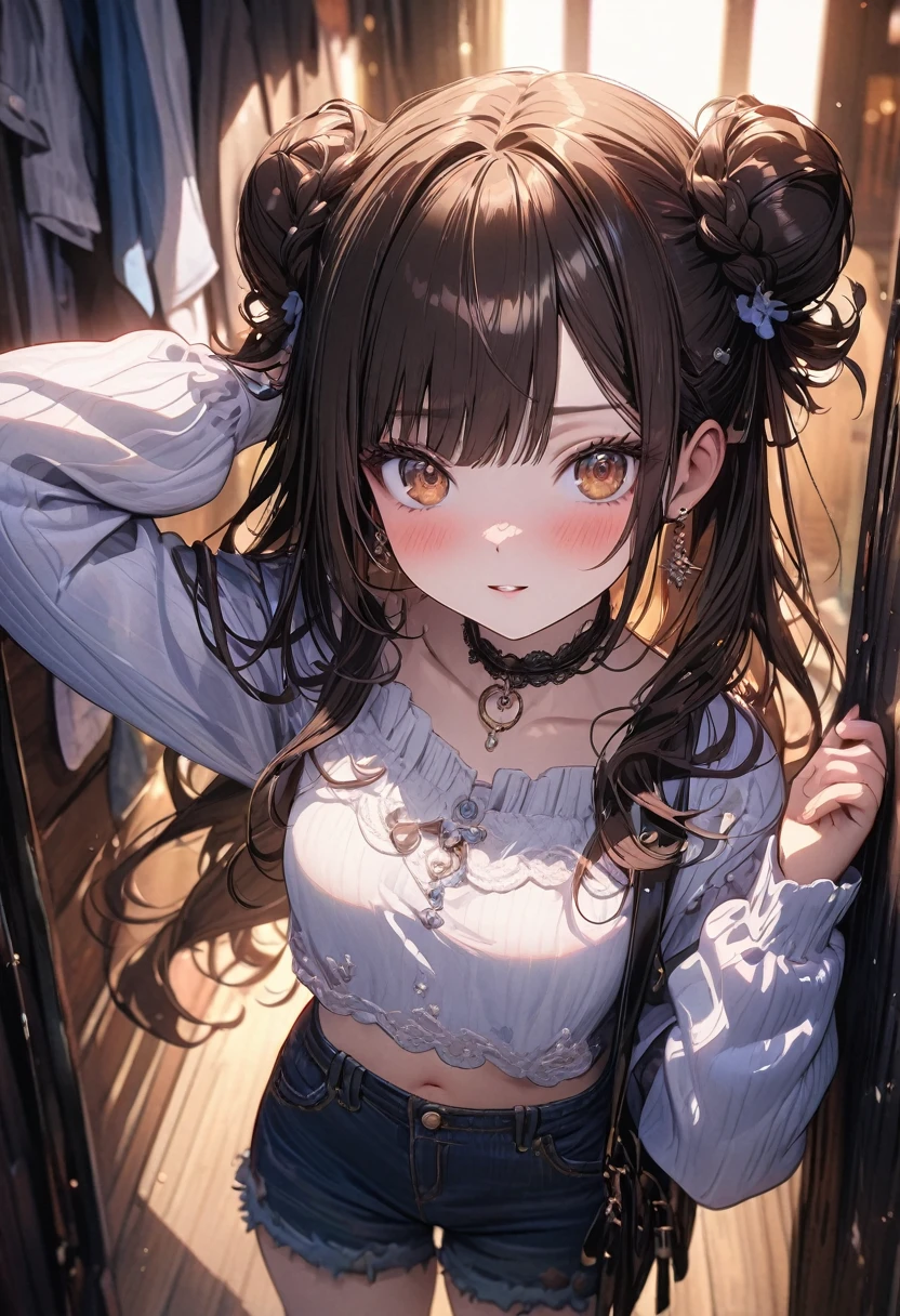 (masterpiece), best quality, very aesthetic, newest, absurdres, detailed, high quality
BREAK
highest quality, top quality, details, highres, ultra fine painting, digital art, official art, cinematic, 4k, 8k resolution, 8K CG wallpaper, CG, original artwork, detailed background, colorful background, blue atmosphere, High Dynamic Range, blurry background, blue hour, Starburst effects, crepuscular rays, good ISO, high resolution, wide shot, from far away, RAW photo, POV, sharp focus, light reflection, reflections, intricate details, soft light, particle noise, professional photography, bokeh, depth of field, natural lighting, vibrant colors, looking away, detailed lights and shadows, stylish, ultra-detailed, top rated on Pixiv, trending on Artstation, niji style, modern-days, master crafted, pose
BREAK
solo, close up, 1girl, pale skin, correct fingers, detailed hand, (breasts:1.2), big thighs, small torso, short body, flushtered, blush, anxious expression, embarassed, embarassed act, casual, slim, ((cute, childlike face):1.3), nice hips, nice body, brown hair, (very long flowing hair), (big 2 buns hairstyle)), long bangs, long hair, middle hair bangs, brown eyes
BREAK
(loose-fitting crop shirt, long sleeve, denim shorts, choker, casual wear style, modest, tummy skin, modern fashion)
BREAK
Hanging clothes, folded clothes, walls, changing room, wardrobe