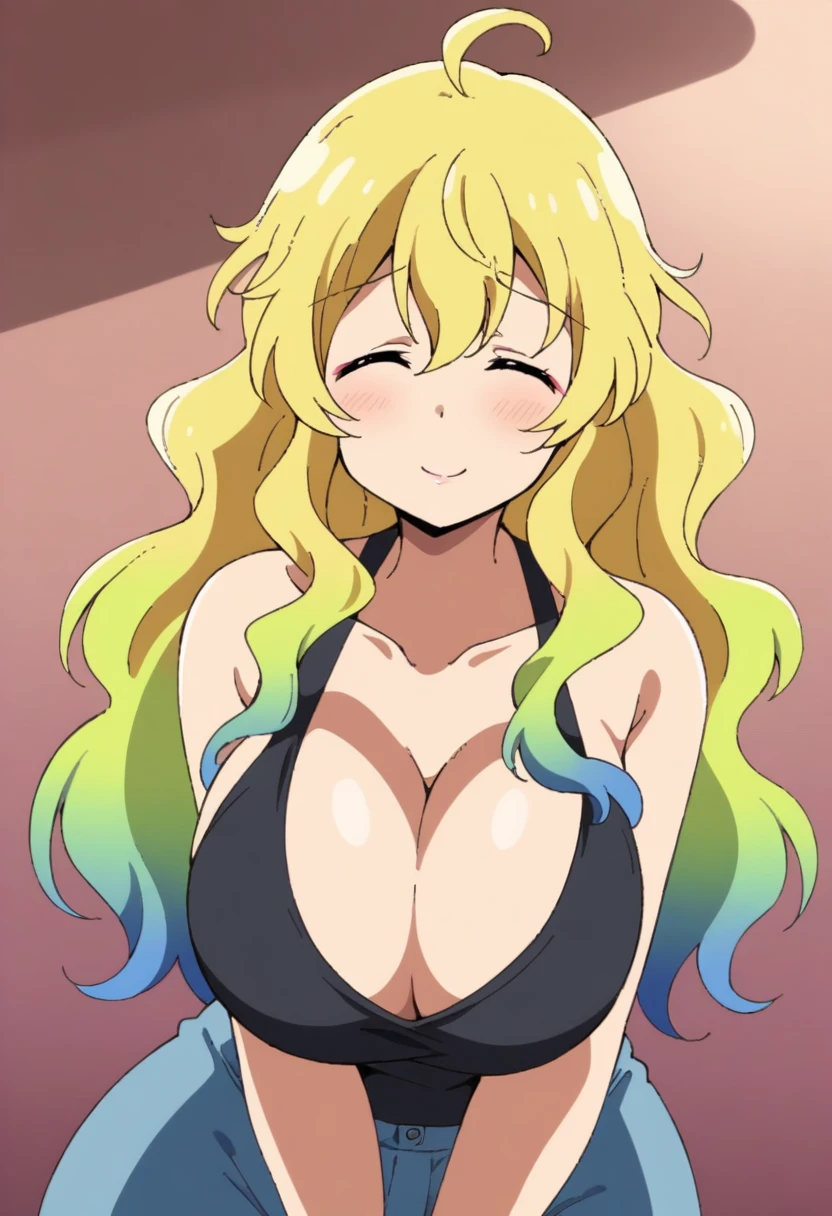 anime art style, 2d, masterpiece, best quality, very aesthetic, absurdres, dynamic shadows, atmosferic, lucoa_md, (1girl), (blonde hair), long hair, (gradient hair), green hair, blue hair, ((closed eyes)), ahoge, hair between eyes, bangs, big breasts, cleavage, curvy body, collarbone, makeup, sexy, ((horns)), ((hat)), ((pink baseball cap)), white bikini, micro bikini, o-ring bikini, bare feet, sexy smile, (cowboy shot), squatting, from below, beach, clouds, sky, looking at viewer