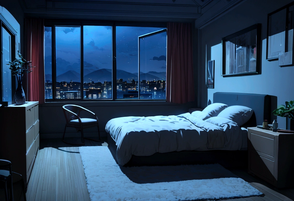 A bedroom in a rental house,The windows are broken,Simple room,Simple furnishings,Modern rental house,Modern room,night,Scene at night,narrow,