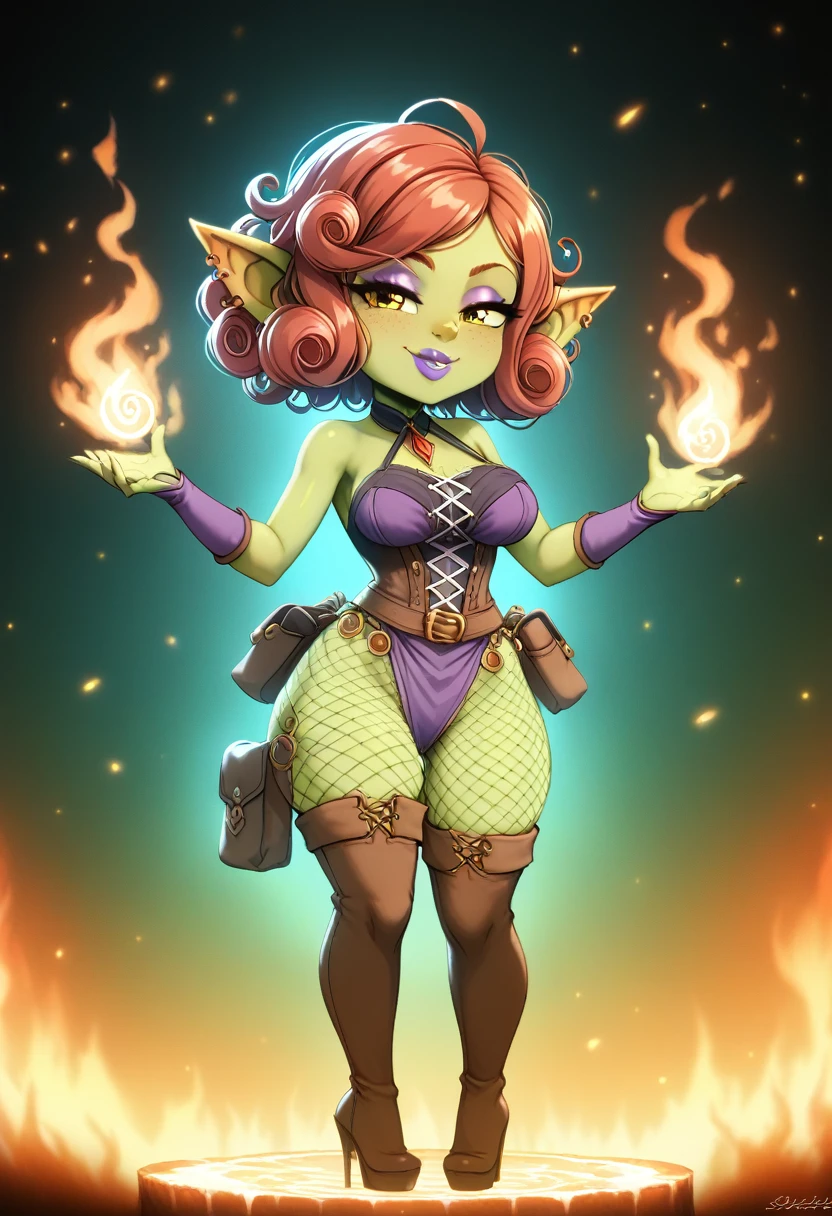 Girl, goblin girl, goblin, green skin, short, short stature,short hair, red hair, curly hair, large breasts, long gloves, thigh boots, pouty lips, masterpiece, best quality, sexy, dynamic pose, 8k, shortstack, sfw, shiny, fantasy, dungeons and dragons, high heels,  fishnets, holding, dark green skin, adventurer, slutty pose, sorcerer, sorceress, pyromancer, fire and ice, magic, fire and ice magic, long detailed slutty colorful dress, thigh pouch, very curly hair, lots of belts, curly hairstyle, lipstick, rosy cheeks, smile, eyeshadow, eye liner 