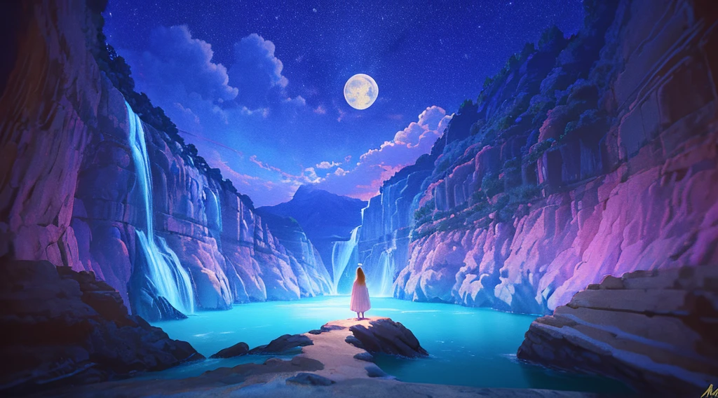 a painting of scene with a waterfall and a moon, background art, background artwork, amazing wallpaper, 4 k hd illustrative wallpaper, beautiful wallpaper, high quality wallpaper, jen bartel, mobile wallpaper, anime background art, wallpaper mobile, high quality desktop wallpaper, beautiful iphone wallpaper, colorful concept art, vertical wallpaper, calm night. digital illustration, night scenery