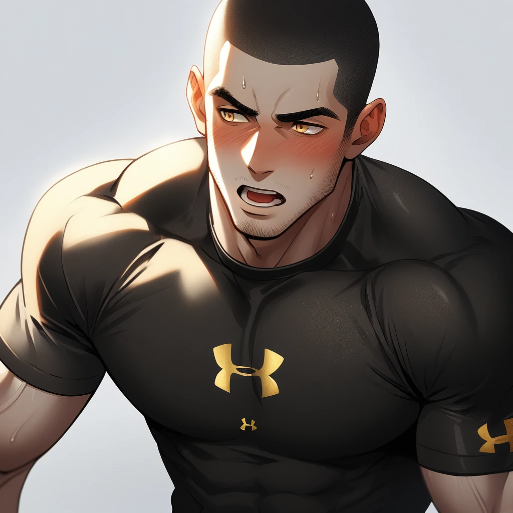 1muscular sportsman, Athlete,male focus, Buzz Cut, Yellow and black tight T-shirt, One Under Armour Logo,Very tight, muscular male, muscular, only, Upper body, alone, look to the side, short hair, stubble, sweat, black hair, Yellow eyes, open lips, White background, simple background, amazing quality, best aesthetics, Ridiculous, crew cut, moaning, blush, clair obscur, cinematic lighting, best quality, textured skin