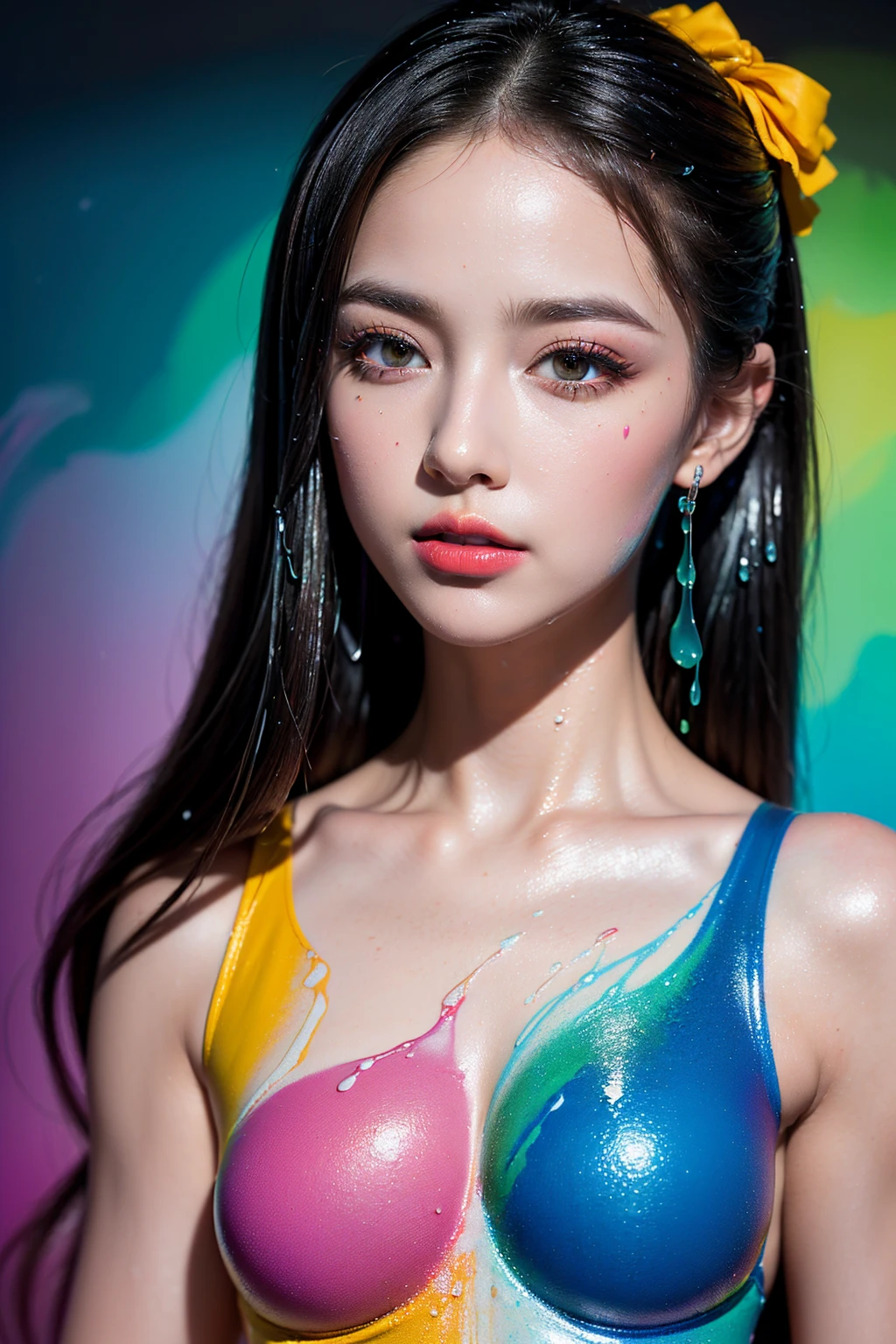 (absurd quality,high-res,masterpiece),(realism,photorealistic), (*the art of painting the body with many colors, luminous paints:1.23)), ((screen with splashing fluid flowing down, fluid paints:1.3), extremely detailed:1.2), (((in a bright and colorful paint pool:1.15))),