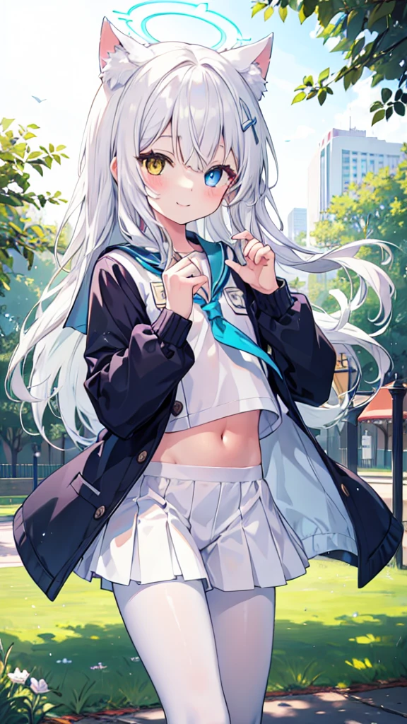 Sailor Suit,Navel,girl,White pantyhose,White hair,Long hair,Cat ear,Heterochromia blue-yellow,Smile,Female face,There are bright spots in the eyes,Female hands,White little hands,Normal fingers,flat chest,in the park,Blue ring halo