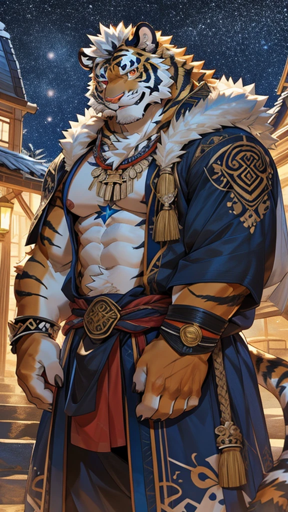Solo, tiger, black tiger, tiger male, gray hair, white body fur, muscular male, elder male, light red eyes, wearing nothing,gray fur tuft, eastern necklace, star night background, ( by Sollyz, masterpiece, 8k, hd), Looking at viewer, smiling, detailed face, detailed eyes, detailed hair, detailed muscles, detailed clothes, Genshin, nsfw, nude lower body, big penis, jerking cock, cum on full body,