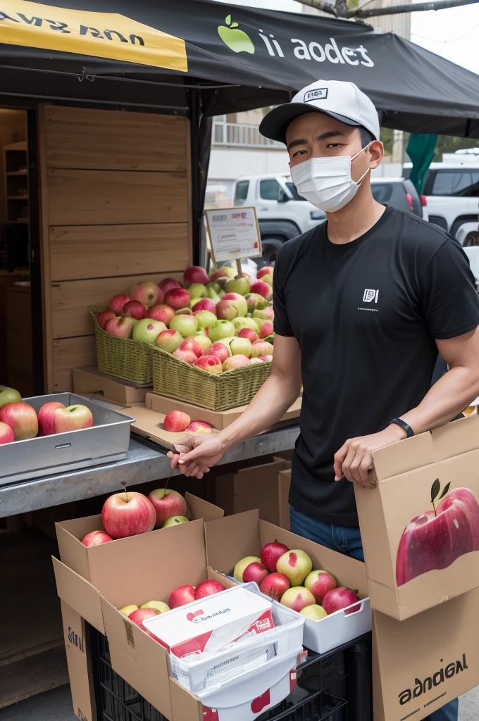 An apple seller with his face covered