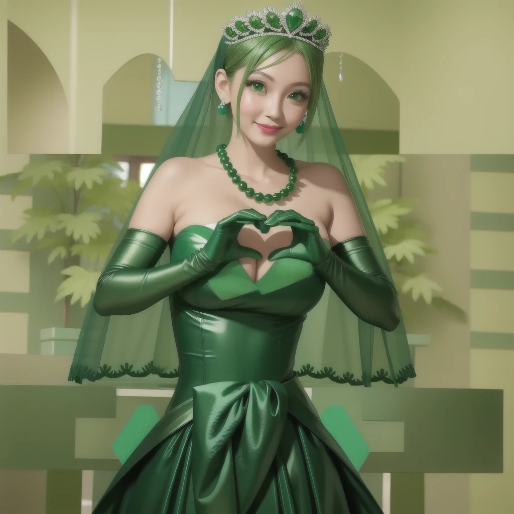 Emerald tiara, Green Pearl Necklace, ボーイッシュな非常に短いGreen Hair, Green Lips, Smiling Japanese woman, Very short hair, Busty beautiful lady, Green Eyes, Green satin long gloves, Green Eyes, Emerald Earrings, Green veil, Heart with both hands, Green Hair, Beautiful Japanese Women, Heart shaped hands:1.3, green lip gloss
