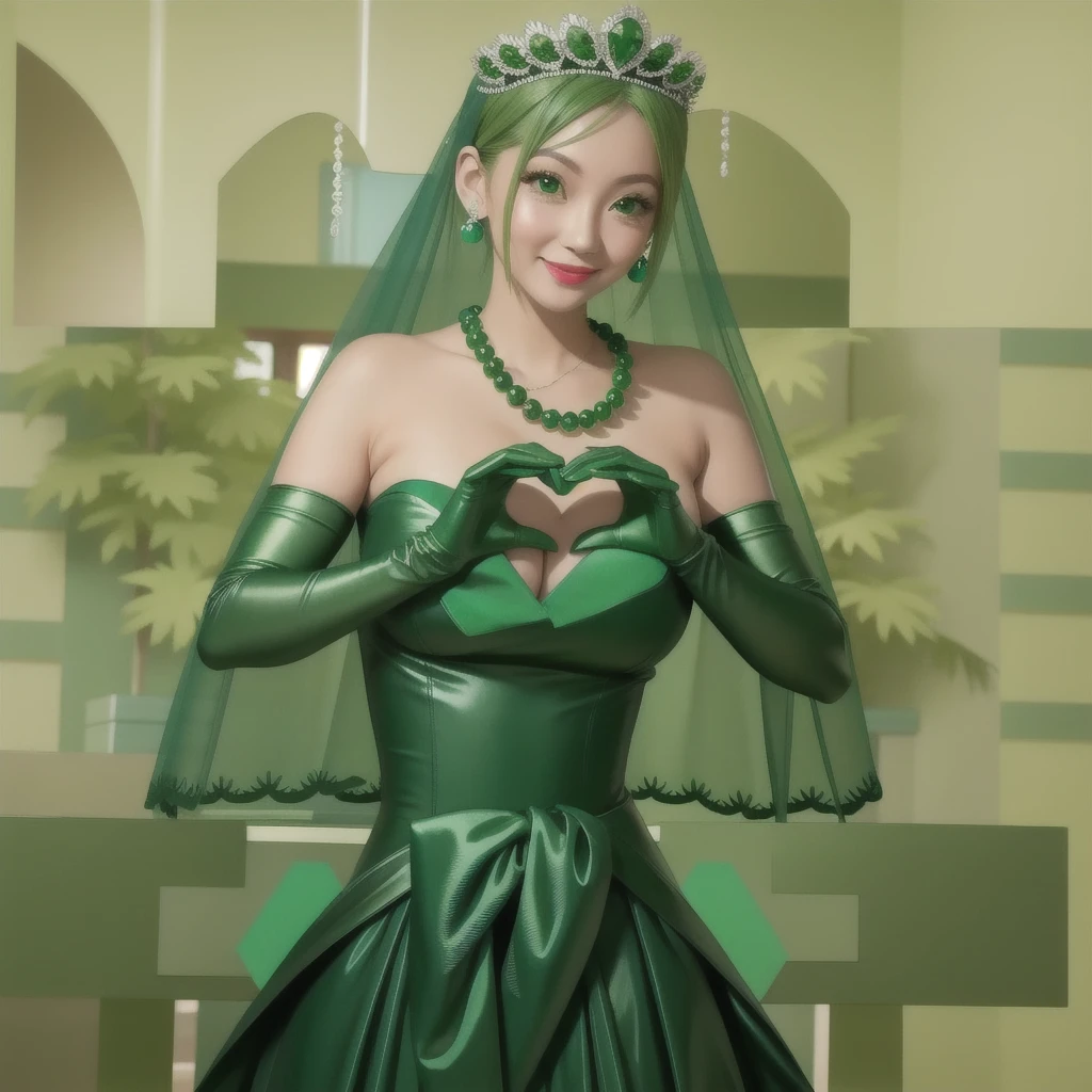 Emerald tiara, Green Pearl Necklace, ボーイッシュな非常に短いGreen Hair, Green Lips, Smiling Japanese woman, Very short hair, Busty beautiful lady, Green Eyes, Green satin long gloves, Green Eyes, Emerald Earrings, Green veil, Heart with both hands, Green Hair, Beautiful Japanese Women, Heart shaped hands:1.3, green lip gloss