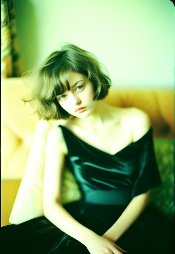 The style of marianna rothen, Contemporary photography, a lazy and carefree lovely girl, 18years old, with short hair, lounging on the sofa, dressed in a black dress, exudes an artist's temperament. in the style of fujifilm fujicolor c200, redpetzval 85mm f/ 2. 2, dreamy