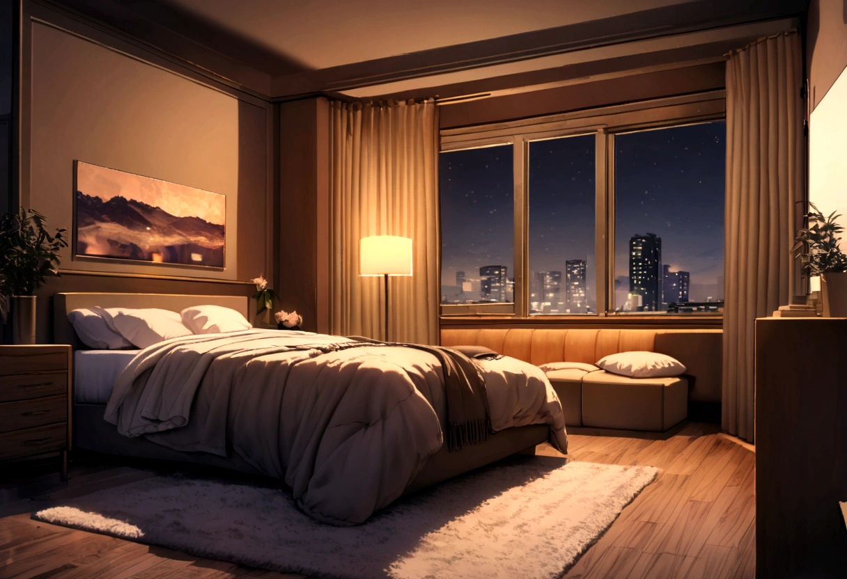 A bedroom in a rental house，The windows are broken，Simple room，Simple furnishings，Modern rental house，Modern room，night，Scene at night，narrow，