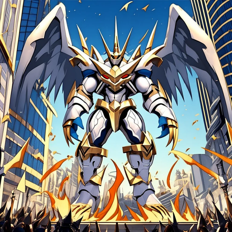 (solo. masterpiece. official art. 8k. best quality. detailed full body. full body.)
 
(situation 1 : dominating Imperialdramon_Paladin_Mode. Imperialdramon_Paladin_Mode is over 1000 meters long. focus GIANT mechanical Muscular Imperialdramon_Paladin_Mode is trampling the city. Looking down. macro. stomp. Low-angle perspective. emphasizing the immense size.)

(situation 2 :smoke and flames rising from the destruction in the city)

(Additional details 1: wearing a full-face helmet. armor. sword. holding a sword. gauntlet.).

(Additional details 2: (Detailed head. Detailed Body. Detailed abs. gigantic muscles. HYPER MUSCLES. Gigachad Muscular. big muscle. pecs. triceps. traps. unusually developed muscular body. body full of huge muscles. showing off muscles. pectorales enormes. Exaggeratedly huge muscles. huge muscles. long legs.).

(Additional details 3: Spread wings. It has wings. have big wings. The claws are sharp. Sharp teeth.).

(Additional details 4: hyper penis. hyper golden penis. big penis)