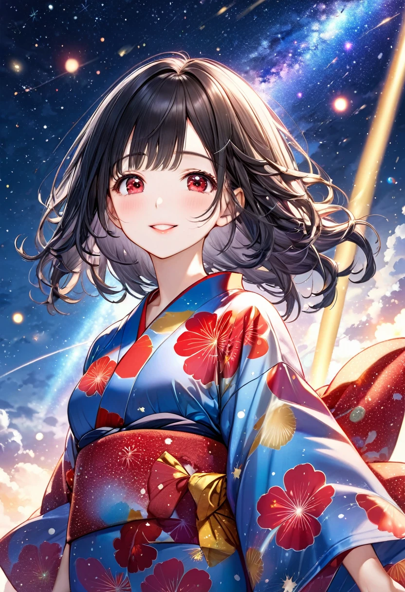 (Tanabata festival style), (in the detailed beautiful night, best sky of Galaxy), (solo:2, 15 yo, curly:1.3 black hair long hair cute girl, sexy red eyes, glossy lips, love smile, medium tits, looking at sky), (in a cute yukata), break, background detailed Universe and Meteor shower, BREAK, perfect anatomy, masterpiece, best quality, 16k, beautiful detailed galaxy, daydreaming expression.