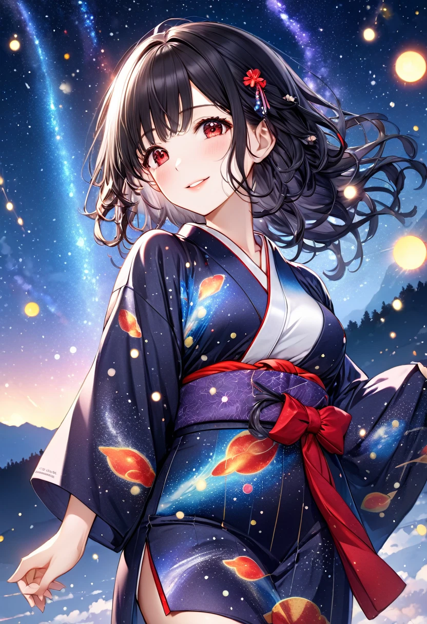 (Tanabata festival style), (in the detailed beautiful night, best sky of Galaxy), (solo:2, , curly:1.3 black hair long hair cute girl, sexy eyes, glossy lips, love smile, medium tits, log at sky), (in a cute yukata), break, background detailed Universe and Meteor shower, BREAK, perfect anatomy, masterpiece, best quality, 16k, beautiful detailed galaxy, daydreaming expression.