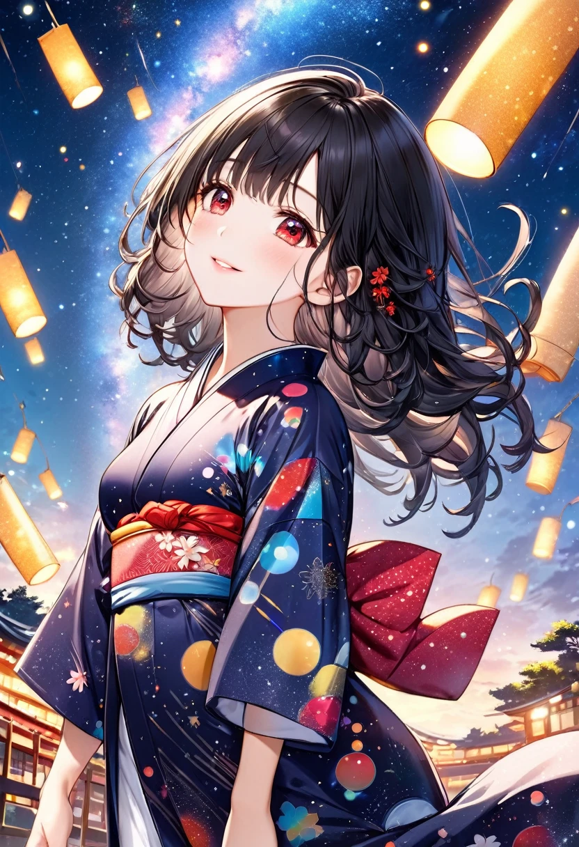 (Tanabata festival style), (in the detailed beautiful night, best sky of Galaxy), (solo:2, 15 yo, curly:1.3 black hair long hair cute girl, sexy red eyes, glossy lips, love smile, medium tits, looking at sky), (in a cute yukata), break, background detailed Universe and Meteor shower, BREAK, perfect anatomy, masterpiece, best quality, 16k, beautiful detailed galaxy, daydreaming expression.