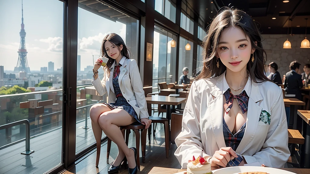 8K、RAW Photos、Highest quality、Super detailed、Super Resolution、Ultra HD、8K壁紙、Amazing details blazer uniform girl ((White blouse with formal collar, Blue Blazer,
Red Check Skirt, Red checkered ribbon on blouse)), Complete limbs, Full Finger,
(((((Inside the Starbucks store)))))、((16 year old female student))、(((((Eat cake、Drink coffee、smile)))))、(((Heart Necklace、Gold bracelet)))
(((Emphasize cleavage)))
(((((Woman sitting at the window seat)))))
(((((You can see Tokyo Tower from the window)))))
((((Full body photo、The whole body is visible、Full body portrait))))