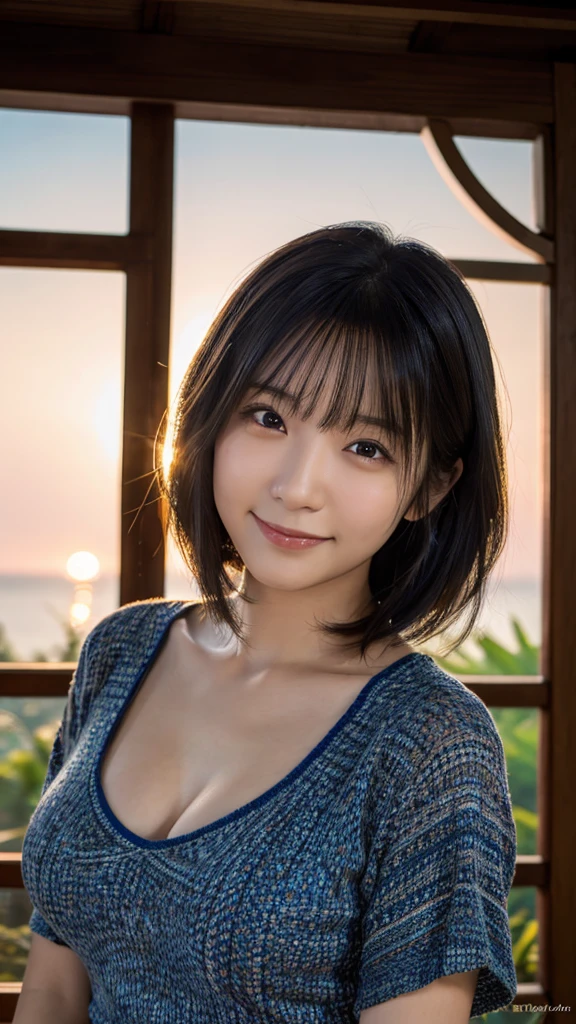 (highest quality,masterpiece:1.3,Ultra-high resolution),(Super detailed,Caustics,8k), (Photorealistic:1.4, RAW shooting),dusk,Sunset sky,Inside the Japan house,Japanese,20-year-old,smile,Black Hair Middle Hair,(Blue short-sleeved summer knit),Big Breasts,Bust up shot,Natural light,(High Position),(High angle)