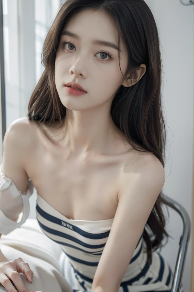 (((best quality))), (((ultra detailed))), (((masterpiece))), illustration,((a fragile and beautiful young girl,solo)),((slim,thin)),((small breasts,flat chest)),((sitting on a hospital bed)),(strapless striped blue and white patient's bra:1.2), ethereal appearance,(shoulder length straight hair:1.2), delicate features, expressive eyes, porcelain skin, worried expression, vertical stripes on the gown, loose fit, slender fingers, polished nail polish, clinical examination room, faded walls, doctors' cart, stainless steel, hospital backdrop, stark contrasts, cold environment, warmth and vulnerability, poignant moment, moving image,((from front,close-up of face)),