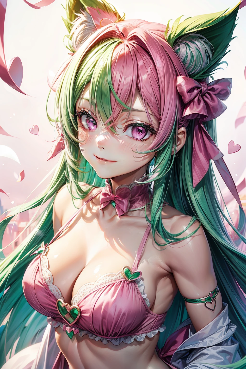 (( Pink emerald green hair color)), pink eyes,y woman, cat ears, hearts, floating hearts, face only, long hair, smiling, hair ornament, up close face, closed mouth smile, up closeface, hair bows, sexody