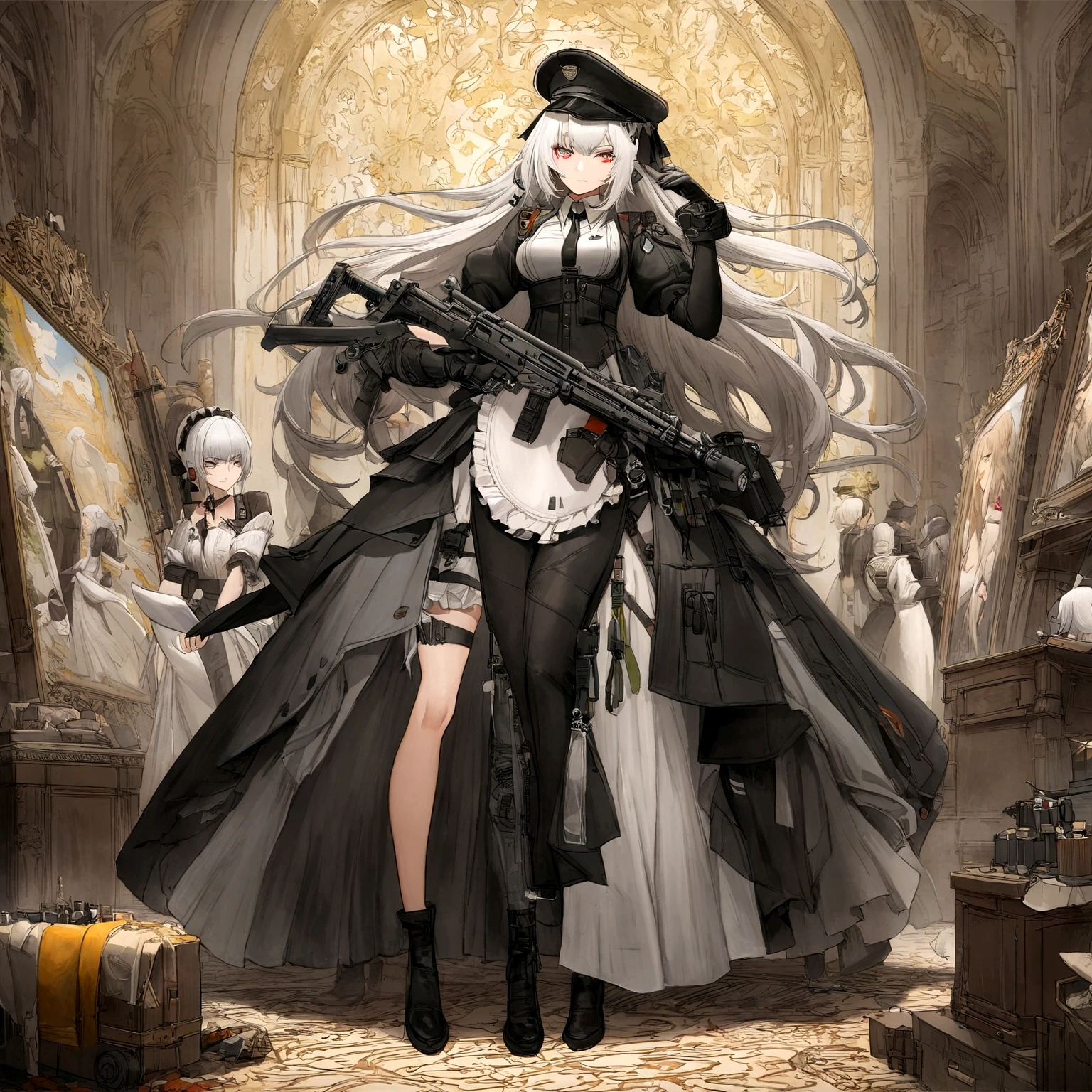 One wears、Holding a sword、Woman wearing a hat, from Girls Frontline, Fine details. Girls Frontline, From Arknights, Girls Frontline style, anime maid ss military, Azur route style, Girls Frontline cg, Kushat Krenz Key Women in Art, Gu Weiss, Krenzkushat, White-haired deity, Fleet Collection Style,Standing painting,E2 style,Standing painting的风格,one person,individual,individual立绘,