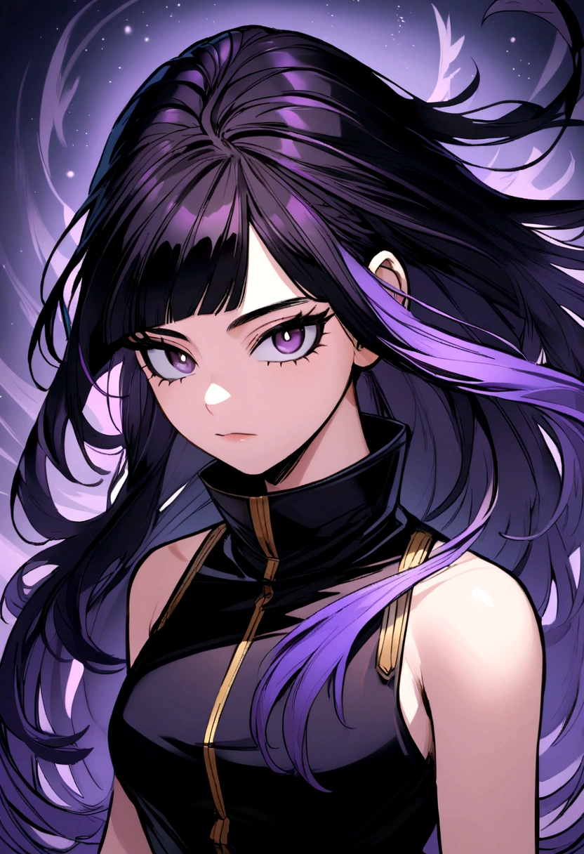 a pretty age girl with black hair with purple tips and loose hair bangs, with a black sleeveless suit and high collar MY HERO ACADEMIA STYLE