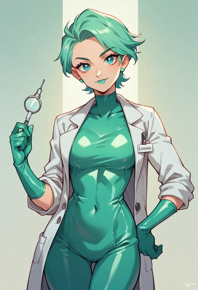 1girl, ((cyan elbow gloves)), ((surgical gloves)), ((latex gloves)), ((long sleeves)) ((green surgeon outfit)), looking at viewer, (( doctor)), standing, solo