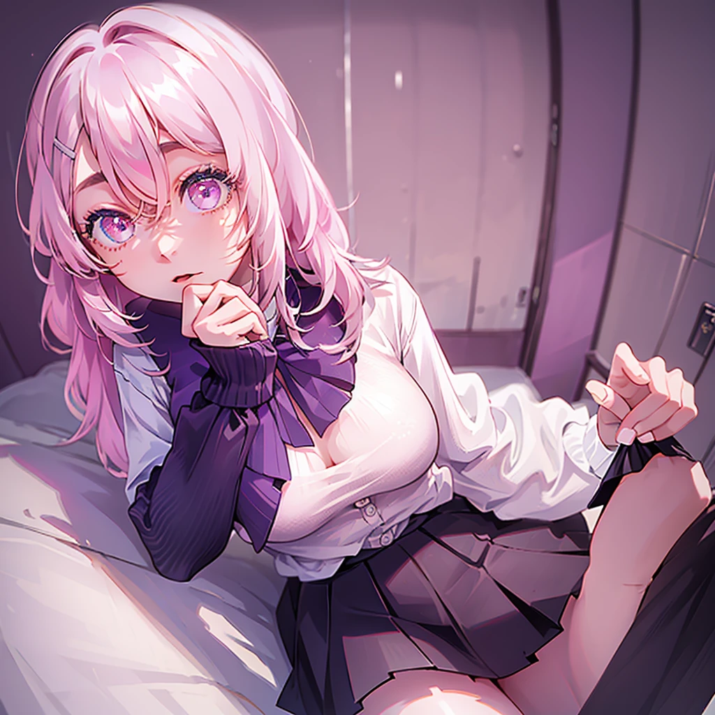 A beautiful young girl from the anime Oshi no Ko universe, , she have long wavy pink hair with purple eyes with star in her pupils she wear casual clothes like a sweater too long for her, a skirt and stocking, she is in her bedroom wearing a diaper