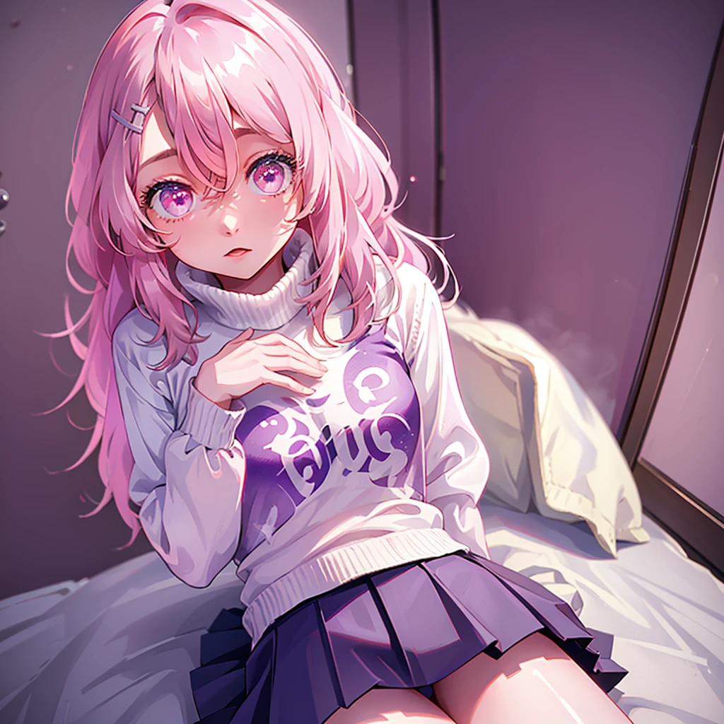 A beautiful young girl from the anime Oshi no Ko universe, ************, she have long wavy pink hair with purple eyes with star in her pupils she wear casual clothes like a sweater too long for her, a skirt and stocking, she is in her bedroom wearing a diaper