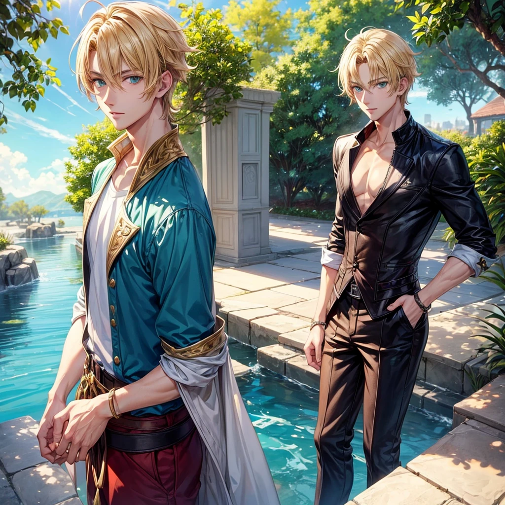 a handsome guy, young almost 24 years, blonde hair, pretty green eyes, tall. Anime style