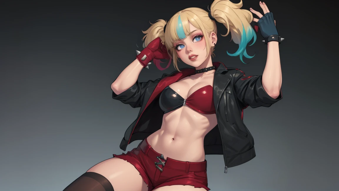 work of art, best qualityer, ultra detali), dynamic pose, dynamic lighting, Looking at Viewer, Linda, ultra realistic,32k, work of art:1.2),(highly detailed skin:1.1),( 8k hd, dslr, high qualiy:1.1), dynamic pose, suggestive posing, suggestive smile, perfect body,harley quinn, bangs, blue eyes, blonde hair, twintails, blue hair, multicolored hair, choker, gradient hair, makeup, piercing, pink hair, lips, lipstick, red lips,
thighhighs, gloves, navel, cleavage, jewelry, jacket, open clothes, shorts, black gloves, midriff, black thighhighs, fingerless gloves, collar, bracelet, open jacket, black jacket, crop top, torn clothes, short shorts, tattoo, chain, spikes, cropped jacket, spiked bracelet, spiked collar, micro shorts, multicolored jacket,(melhor iluminação), ((iluminação cinematográfica)),ângulo sexy,iluminação sexy, riso confiante,tiro cowboy,de cima:1.2